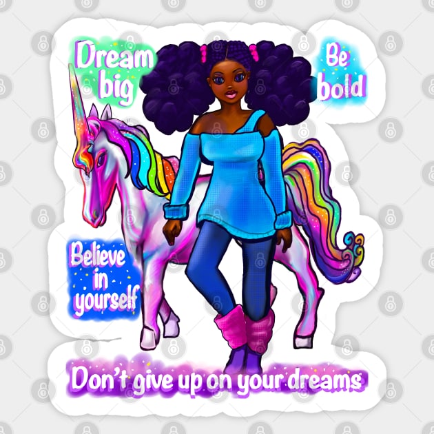 Inspirational motivational affirmation black girl African American woman and unicorn Sticker by Artonmytee